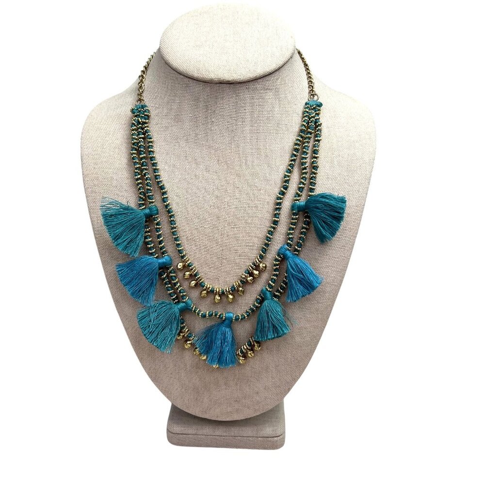 Bluma Project Luna Necklace Blue Tassel Gold Tone Triple Strand Statement